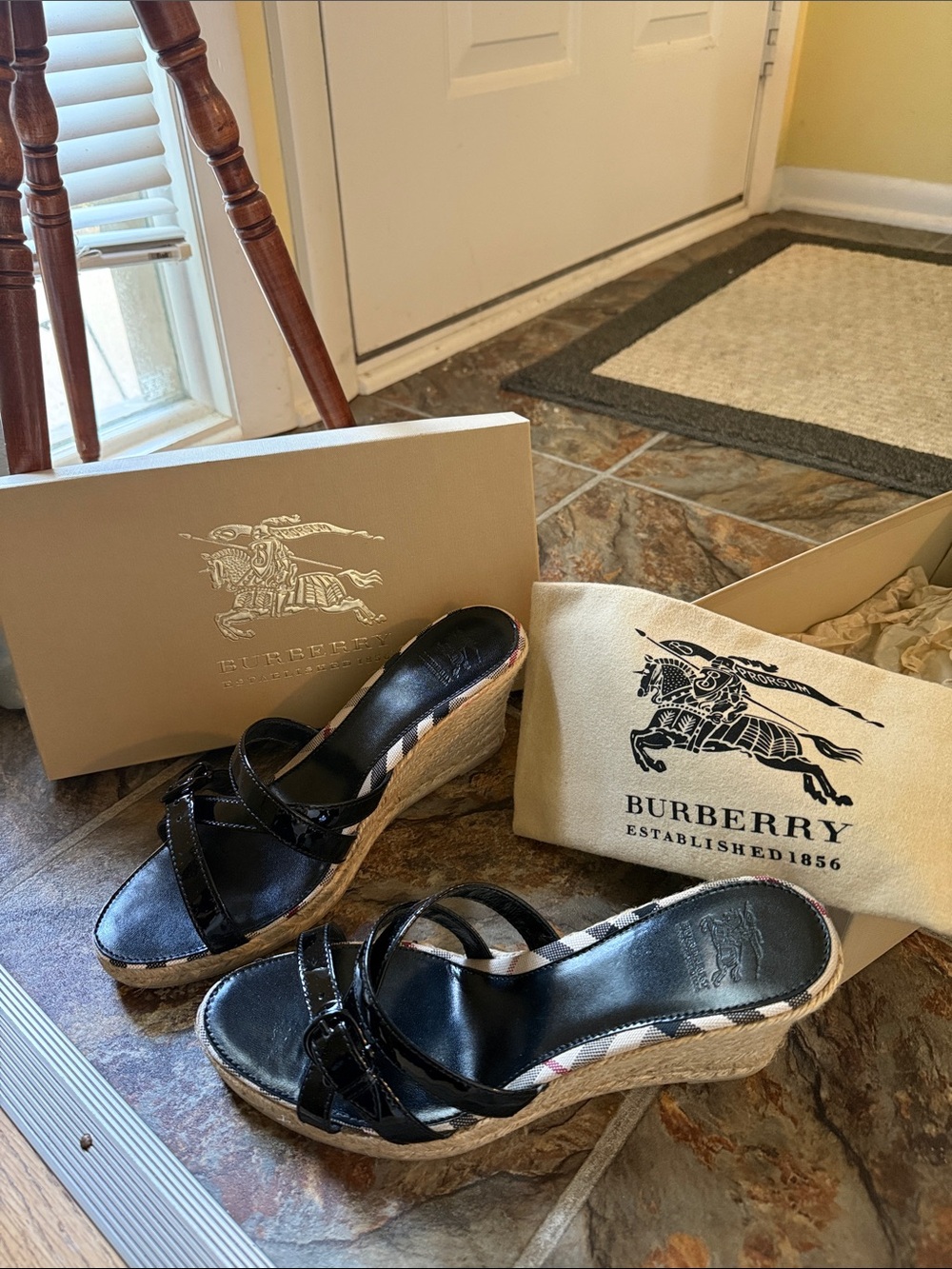 Burberry Black Leather Wedge Espadrille Sandals with Check Trim